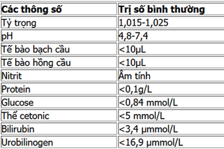 Chỉ số nước tiểu bình thường