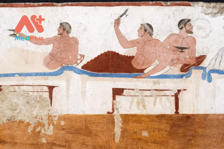 Bức tranh mô tả truyền thống sản xuất và thưởng thức rượu vang Hy Lạp