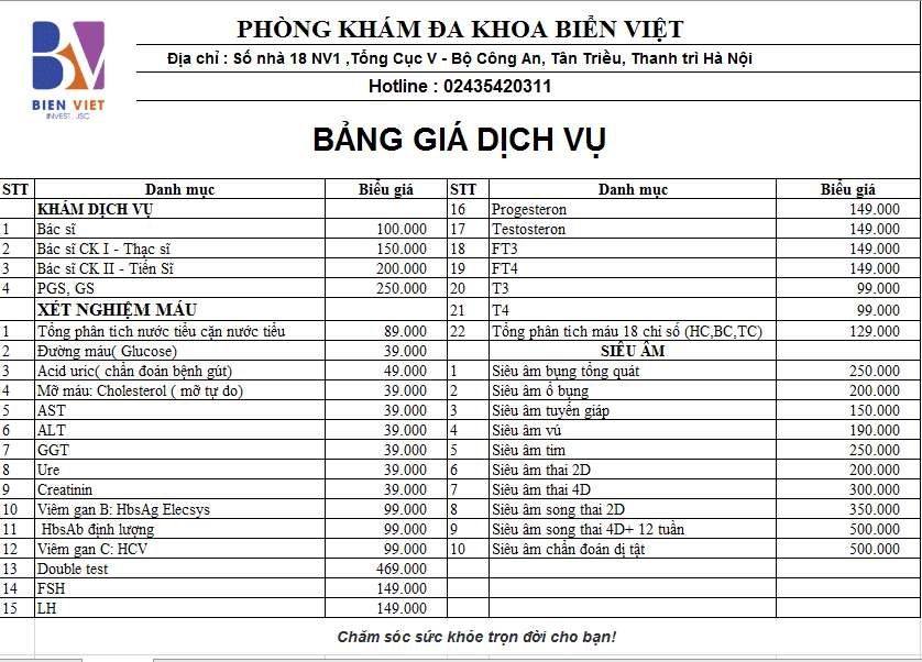 Bảng giá một số dịch vụ chung tại Phòng khám đa khoa Biển Việt