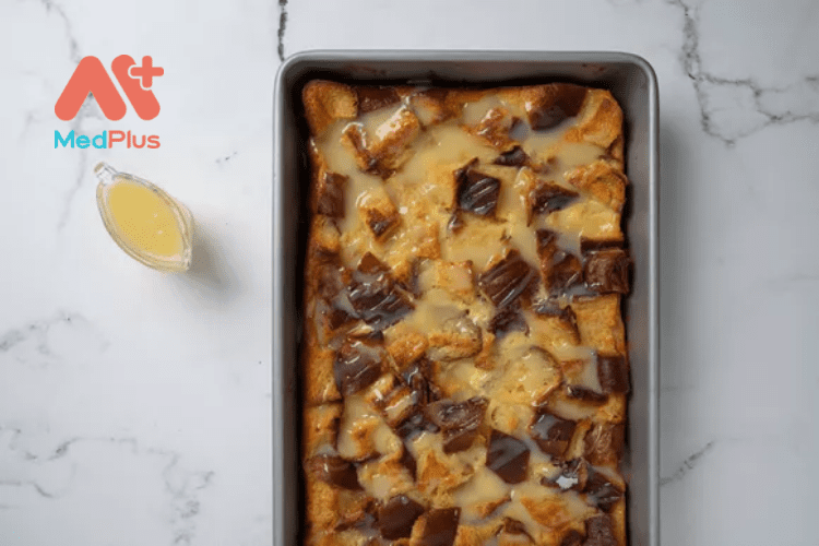 Pudding bánh mì sô cô la trắng ngày lễ Tình yêu ngọt ngào 134 Rưới sốt và dùng ngay